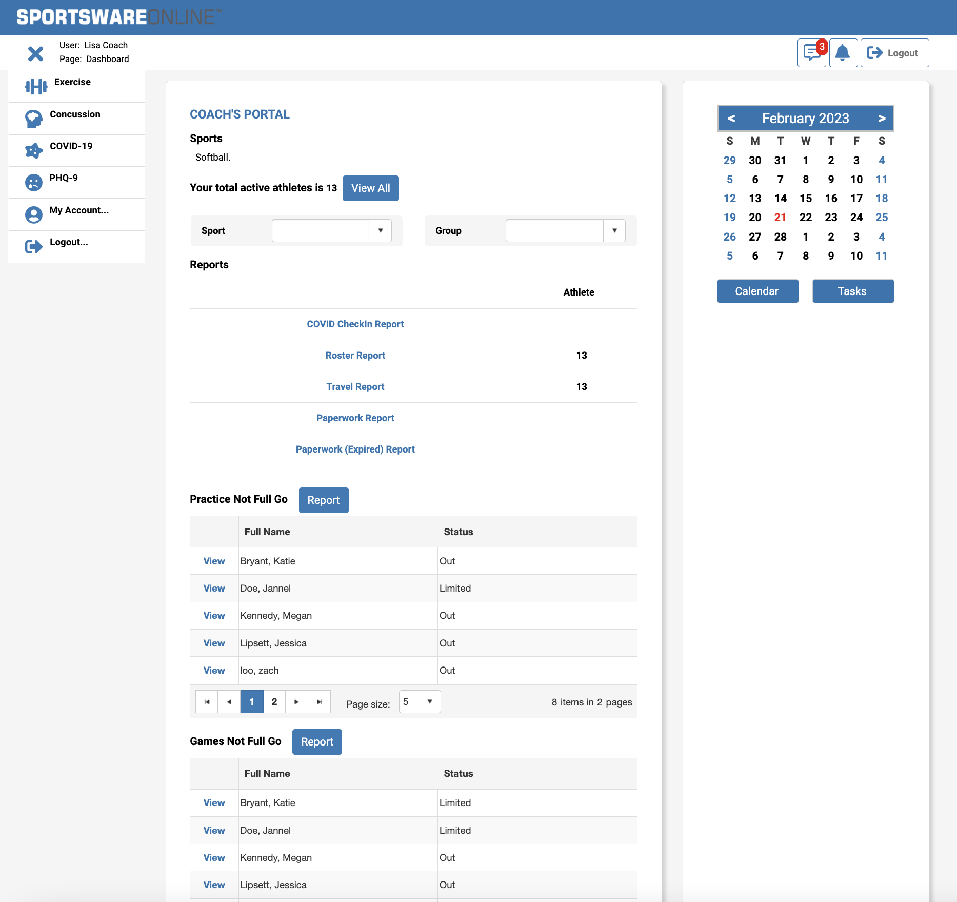 coach's portal dashboard